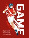 red poster of an American football player. Printed advertising of sports games.