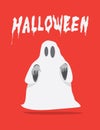 Red poster of white sheet ghost on Halloween flat vector.