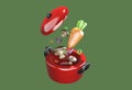 Red pot and lid with vegetable or food 3d render isolate background.