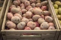 Red potatoes in plastic crate at market stand in Houston, Texas, USA Royalty Free Stock Photo