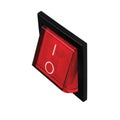 Red power switch, black frame on position, large detailed vertical isolated macro closeup perspective