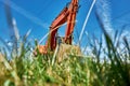 A red powerful crawler excavator standing on a grassy area. Industrial theme
