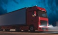 Red Semi Truck With Empty Space On White Refrigerator Driving Along the Route At Twilight. 3d rendering