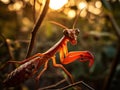 Red praying mantis with spiky scales sitting on a branch against the backdrop of sunset. AI generated