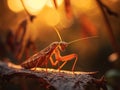 Red praying mantis with spiky scales sitting on a branch against the backdrop of sunset. AI generated