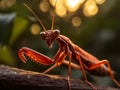 Red praying mantis with spiky scales sitting on a branch against the backdrop of sunset. AI generated