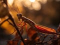 Red praying mantis with spiky scales sitting on a branch against the backdrop of sunset. AI generated