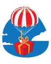 Red present with a blank tag landing with a parachute