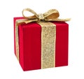 Red present box with golden bow isolated. Luxury christmas gift Royalty Free Stock Photo