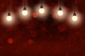 red pretty glossy glitter lights defocused bokeh abstract background with light bulbs and falling snow flakes fly, holiday mockup