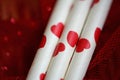 Tree straws with red printed hearts on. Royalty Free Stock Photo