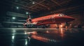 red private jet standing in a hangar at night, generated ai image Royalty Free Stock Photo