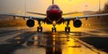 Red private plane taking off from the airdrome. Wet runway lit with yellow light Royalty Free Stock Photo