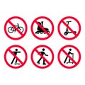 No bicycles, biking, no roller skating, no scooters prohibition signs set. Royalty Free Stock Photo