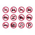 Red prohibition vehicles signs. No motor vehicles, no bicycles, no automobiles. Trucks, busses, camper vans, scooters, motorcyc