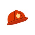Red protective firefighter helmet with yellow emblem. Special head protection. Simple flat vector illustration. Royalty Free Stock Photo