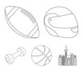 Red protective helmet, rugby ball, basketball ball, dumbbells. Sport set collection icons in outline style vector symbol Royalty Free Stock Photo