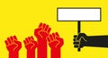 Red protest hands with raised fists. Vector illustration