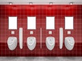 A red public restroom with four urinals