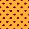 Red Puffer fish icon isolated seamless pattern on brown background. Fugu fish japanese puffer fish. Vector.