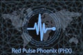 Red Pulse Phoenix PHX Abstract Cryptocurrency. With a dark background and a world map. Graphic concept for your design