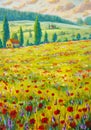 Beautiful houses in flower mountains oil painting. Mountain summer floral landscape Royalty Free Stock Photo