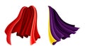 Red and purple flying capes set. Silk carnival cloak, costume for superhero or vampire cartoon vector illustration Royalty Free Stock Photo