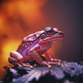 A red and purple frog sitting on a branch, AI