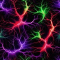 Red Purple Green Fire Neurons On Black Background. Tile Seamless Background. Generative AI