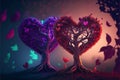 Red and purple surreal trees with hearts