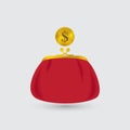 Red Purse and the Coin Isolated on Light Gray Background