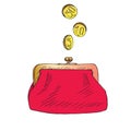 Red purse with golden coins pour into it, hand drawn doodle sketch, isolated vector illustration Royalty Free Stock Photo