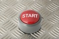 Red Push Button Labeled `Start` on Aluminum Diamond Plate Backgr Royalty Free Stock Photo