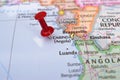 Red Push Pin Pointing Cabinda on Location of World Map Close-Up View