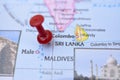 Red Push Pin Pointing Sri Lanka on Location of World Map Close-Up View