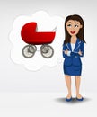 Red pushchair in bubble idea concept of woman in suit