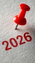 Red pushpin marking year 2026 on textured paper Royalty Free Stock Photo