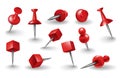 Red pushpin set in different forms and various angles view with shadow isolated on white. Thumbtack for note attach