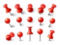 Red pushpin top view. Thumbtack for note attach collection. Realistic 3d push pins pinned in different angles vector set Royalty Free Stock Photo