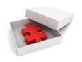 Red puzzle peace in opened white gift box Royalty Free Stock Photo