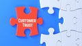 Red Puzzle Piece with Customer Trust Text Completing White Jigsaw on Blue Background Royalty Free Stock Photo