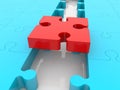Red puzzle piece in the middle between blue puzzle pieces as a connecting piece