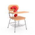 Red Question Mark and Wooden Lecture School or College Desk Table with Chair. 3d Rendering