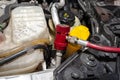 A red quick-release coupler is installed on the valve from the air conditioning system in the car to fill the R134a refrigerant. Royalty Free Stock Photo