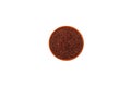 Red quinoa in clay plate on white background, top view. Gluten free healthy food