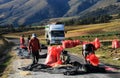 Red quinoa harvest on the road, andean highlands Peru