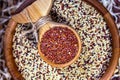 Red quinoa seeds in funny wooden spoon on a mixed quinoa seeds background Royalty Free Stock Photo