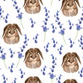 Red rabbit and lavender sprigs watercolor seamless pattern