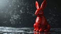 A red rabbit statue sitting on a table in the rain, AI