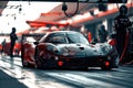 Red Race Car Speeding Down a Professional Race Track, A racing sports car freshly out of the pit stop, with crew members in the